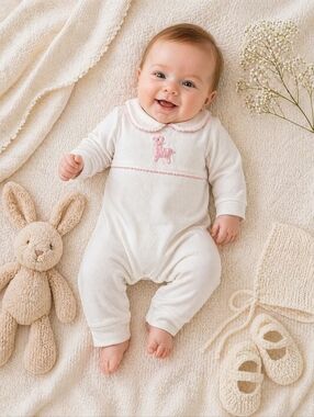 ✨ Little English Baby Girl Hand-Smocked Romper 3M Pink Lamb Pima Cotton